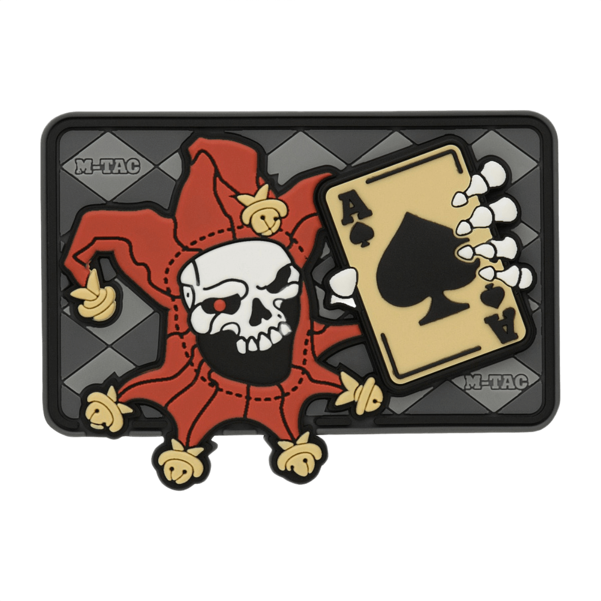 M-Tac Patch Joker Skull 3D PVC med joker og es fra dødskort, PVC-materiale, Velcro bagside, design til taktisk brug, 78 x 55 mm.