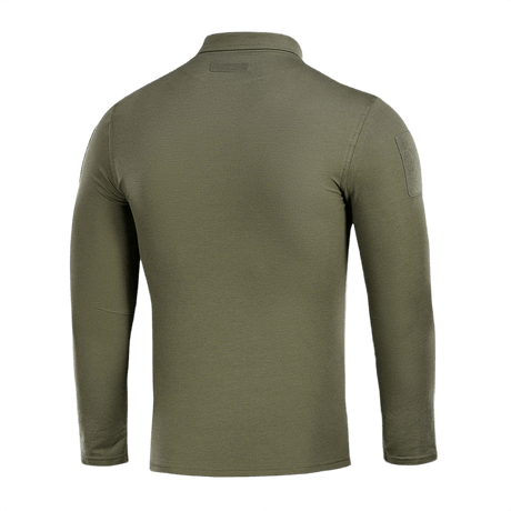 M-Tac Tactical Polo Shirt Langærmet 65/35, bagfra, grøn, designet til politi og sikkerhedspersonale, viser ærmer med velcro-paneler.