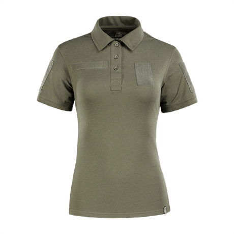 M-Tac Tactical Polo-Shirt 65/35 Lady i olivengrøn, kvindelig pasform med velcro på ærmer og bryst til mærker og ID.