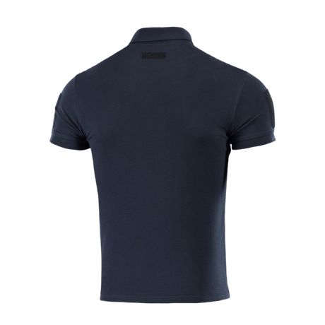 M-Tac Tactical Polo Shirt 65/35 i mørkeblå, set bagfra, designet til politi og sikkerhed, med velcro-paneler til ID.