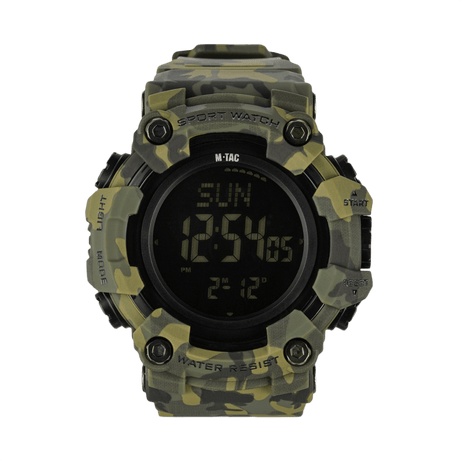 M-Tac Tactical Ur 2037 med camouflagedesign, LED-baggrundsbelysning og vandmodstand på 5ATM, ideelt til taktisk og udendørs brug.