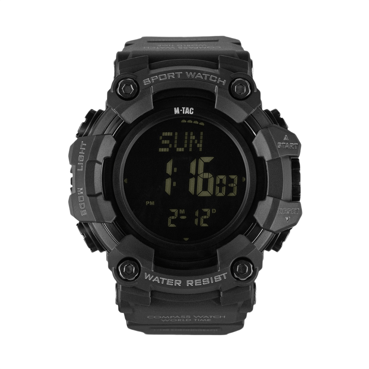 M-Tac Tactical Ur 2037 sort digital ur med kompas, LED-baggrundsbelysning og 5ATM vandmodstand, ideelt til outdoor og taktisk brug.