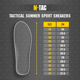 Størrelsesguide for M-Tac Tactical Summer Sport Sneakers med målinger i centimeter for skoens indersål.