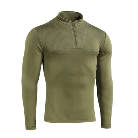M-Tac Thermal Fleece Trøje Delta Level 2 i olivenfarve på hvid baggrund. Designet til kolde klimaer med YKK-lynlås.