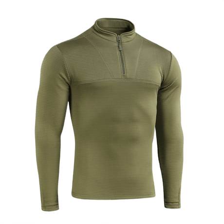M-Tac Thermal Fleece Trøje Delta Level 2 i olivenfarve på hvid baggrund. Designet til kolde klimaer med YKK-lynlås.