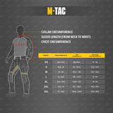Størrelsesguide for M-Tac Thermal Fleece Trøje Delta Level 2 med målinger for krave, bryst og ærmelængde.