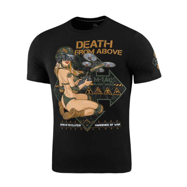M-Tac T-Shirt Delivery Service med Pin-Up-kultur inspireret drone-design og teksten 'Death from Above' i amerikansk WWII stil.