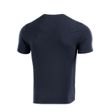 M-Tac T-shirt 93/7 i marineblå, set bagfra, viser pasform og holdbarhed, ideel til hverdagsbrug og sport, lavet af 93% bomuld og 7% elastan.