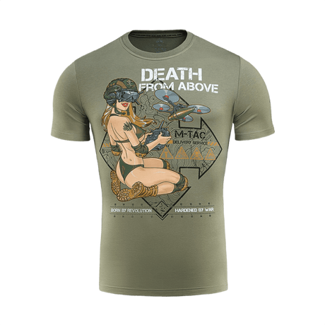 M-Tac T-Shirt Delivery Service inspireret af Pin-Up-kultur fra Anden Verdenskrig, med FPV-briller og droneprint, "Death from Above" tekst.