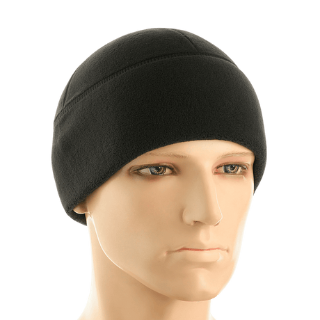 Sort M-Tac Fleece Polartec Watch Cap på mannequinhoved, ideel til kolde vejrforhold, lavet af holdbart Polartec® 200 Series fleece.