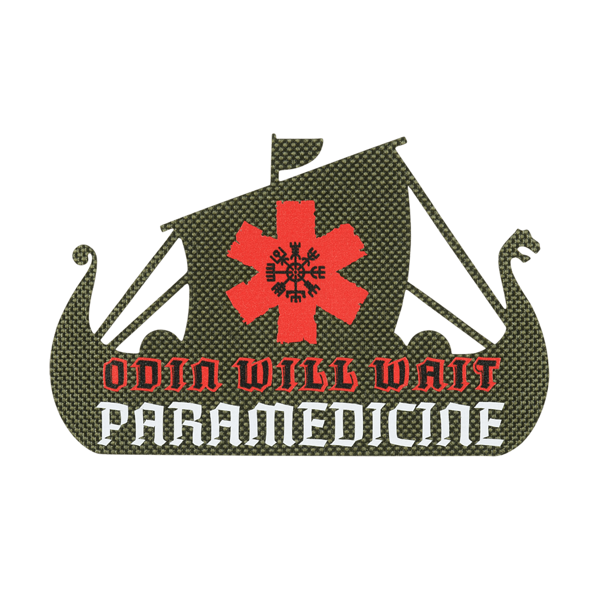 M-Tac Patch Viking Evac med teksten 'Odin Will Wait Paramedicine' i rød og hvid. Design indeholder et vikingeskib. Militær patch.