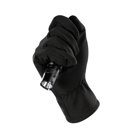 M-Tac Vinterhandsker Soft Shell i sort, beskytter mod dårligt vejr, holder en lille lommelygte, ideel til vinterbrug.