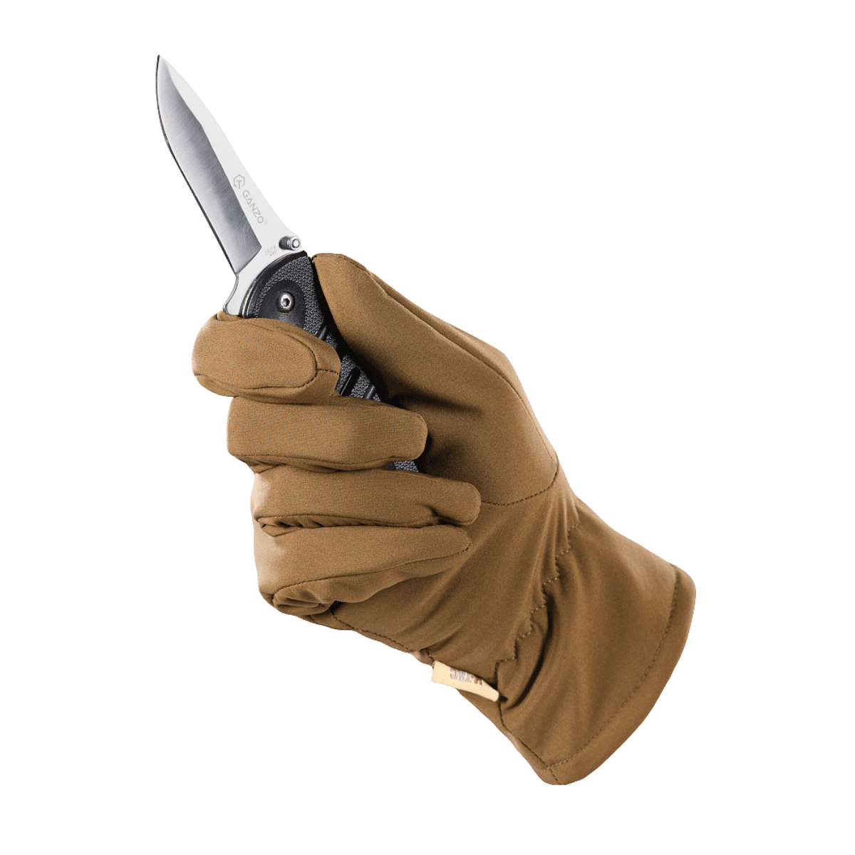 Brun M-Tac Vinterhandsker Soft Shell handsker holder en sort foldekniv mod grøn baggrund.