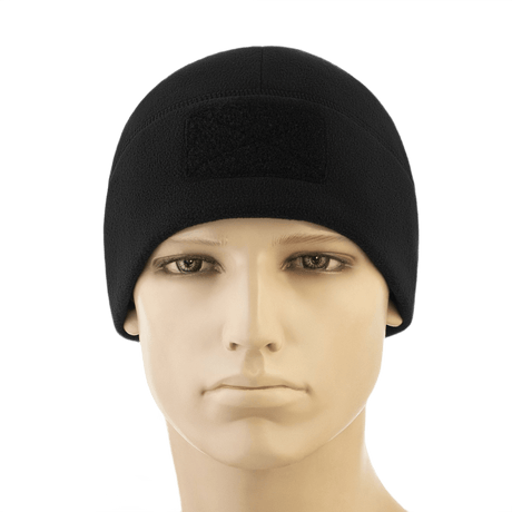 M-Tac Watch Cap Elite Fleece Beanie Hat Velcro med velcro-panel i sort, perfekt til outdoor og taktisk brug i koldt vejr.