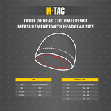 Størrelsesguide for M-Tac Watch Cap Elite Fleece Beanie Hat Slimtex med hovedomkreds og kasket størrelser.