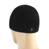 M-Tac Watch Cap Elite Fleece Beanie Hat Velcro til taktisk brug, fleece materiale, god slidstyrke. Sort hue vist på mannequin. Perfekt til koldt vejr.