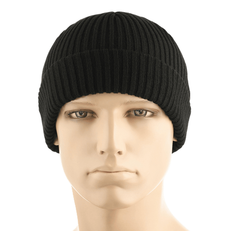 M-Tac Watch Cap 100% Akryl i sort strik, lav profil med dobbelt opslag. Perfekt til køligt vejr, strækbar for komfort.