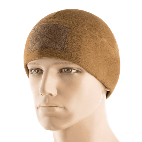 M-Tac Fleece Tactical Watch Cap Beanie m. Patch Panel i brun, let fleecehue med plads til patches, velegnet til taktisk brug.