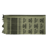 M-Tac Shemagh Tørklæde Til Valhall i olivengrøn med "Til Valhall" motiv, 105x105 cm, taktisk design i 100% bomuld.