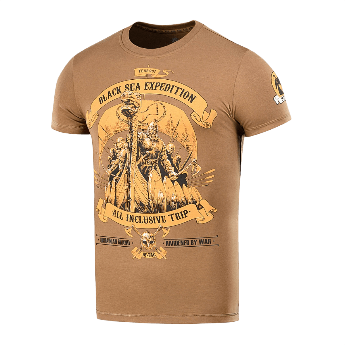 Tan M-Tac T-shirt Black Sea Expedition with graphic design, ideal for active lifestyles. Made from 93% cotton and 7% elastane for comfort.