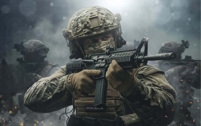 Soldat i fuld kamoflage holder et automatgevær i kamp, tæt på i fokus.