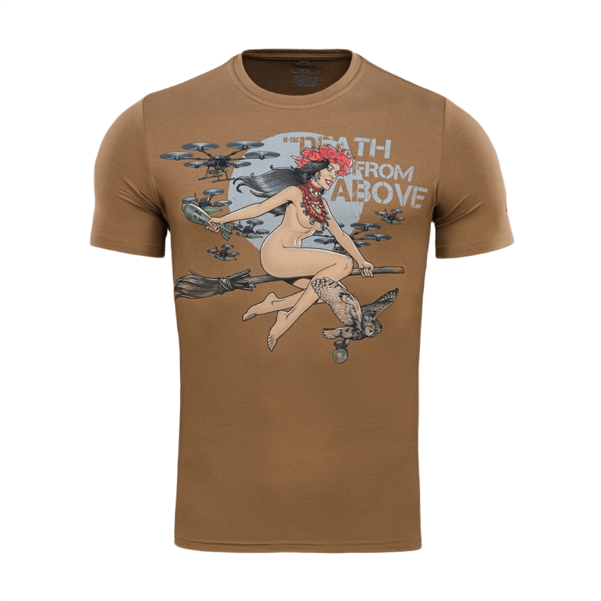 M-Tac T-Shirt Death From Above med heksedesign og droner, brun t-shirt i bomuld og elastan, modstandsdygtigt print, moderne militær stil