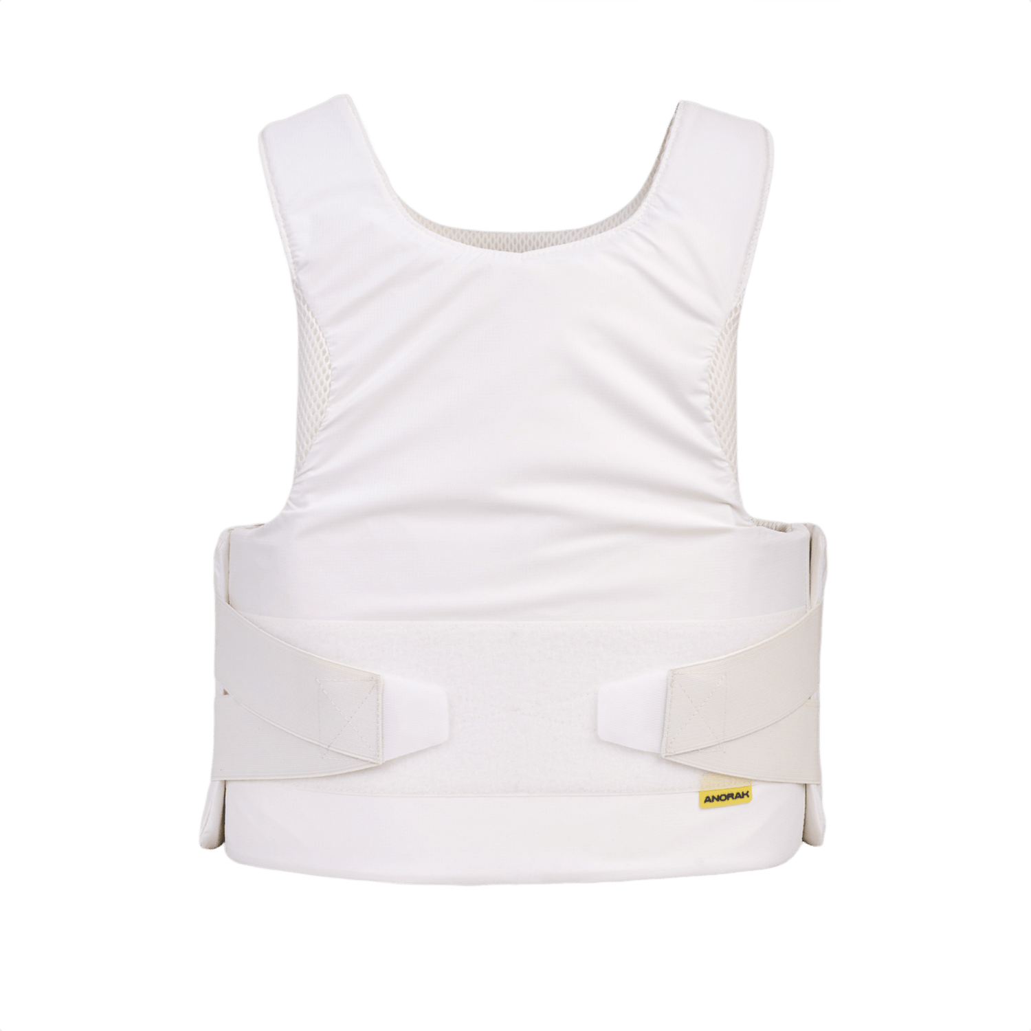 Anorak Niobium® Concealable III Stik & Skudsikker Vest i hvid, set bagfra med sikkerhedsdesign og velcro-lukninger.