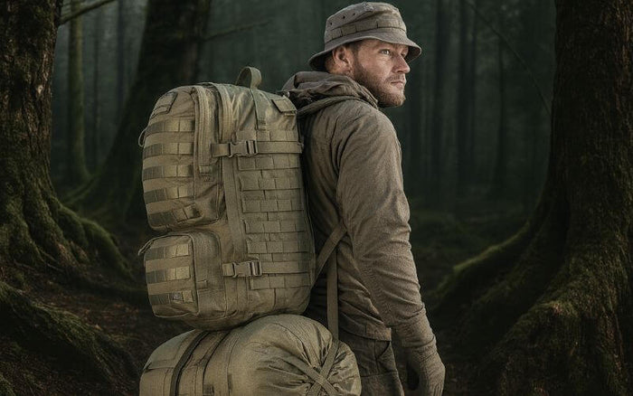 Mand iført rygsæk og hue i en skov omgivet af mørke træer, klar til eventyr og bushcrafting i det fri.