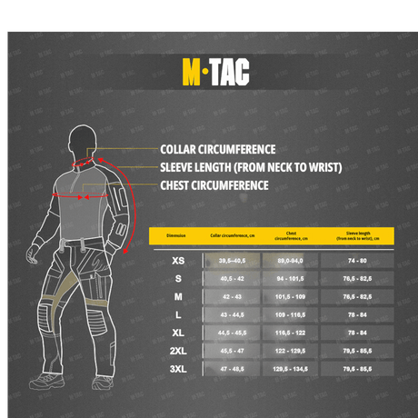 Størrelsesguide for M-Tac Bukser Army Gen. II NYCO Extreme med målinger og størrelsesoplysninger