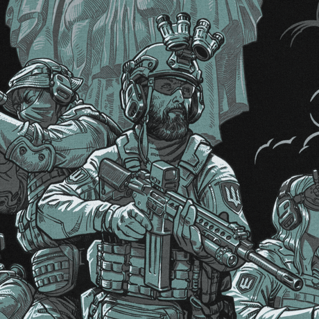 Illustration af militærinspireret design, der matcher M-Tac Hoodie Freedom's stil med soldater i taktisk udstyr.