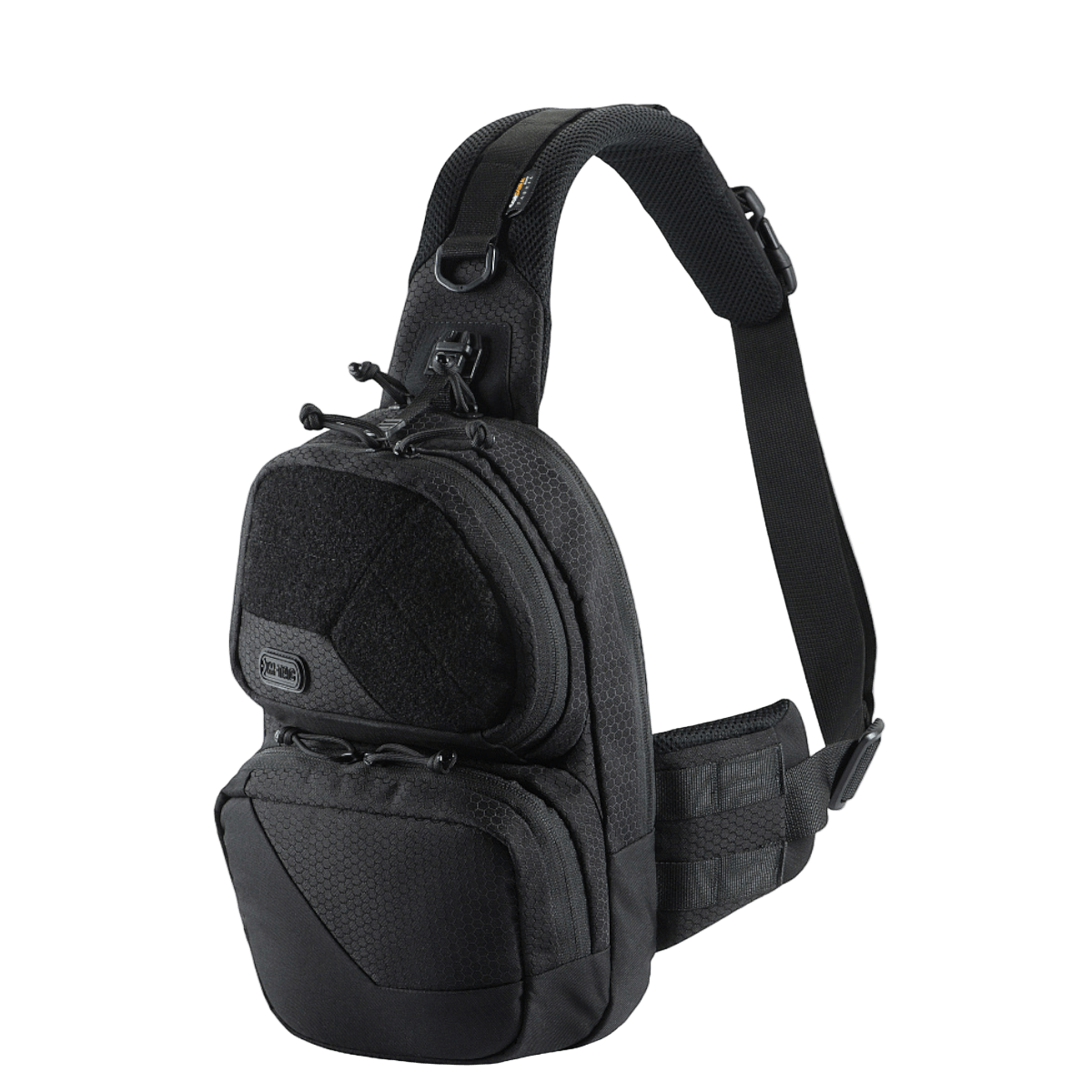 M-Tac Buckler Taske Elite Hex i sort med skjulte lommer og MOLLE-system, lavet af Hex-Cordura med Cordura 500D forstærkninger.