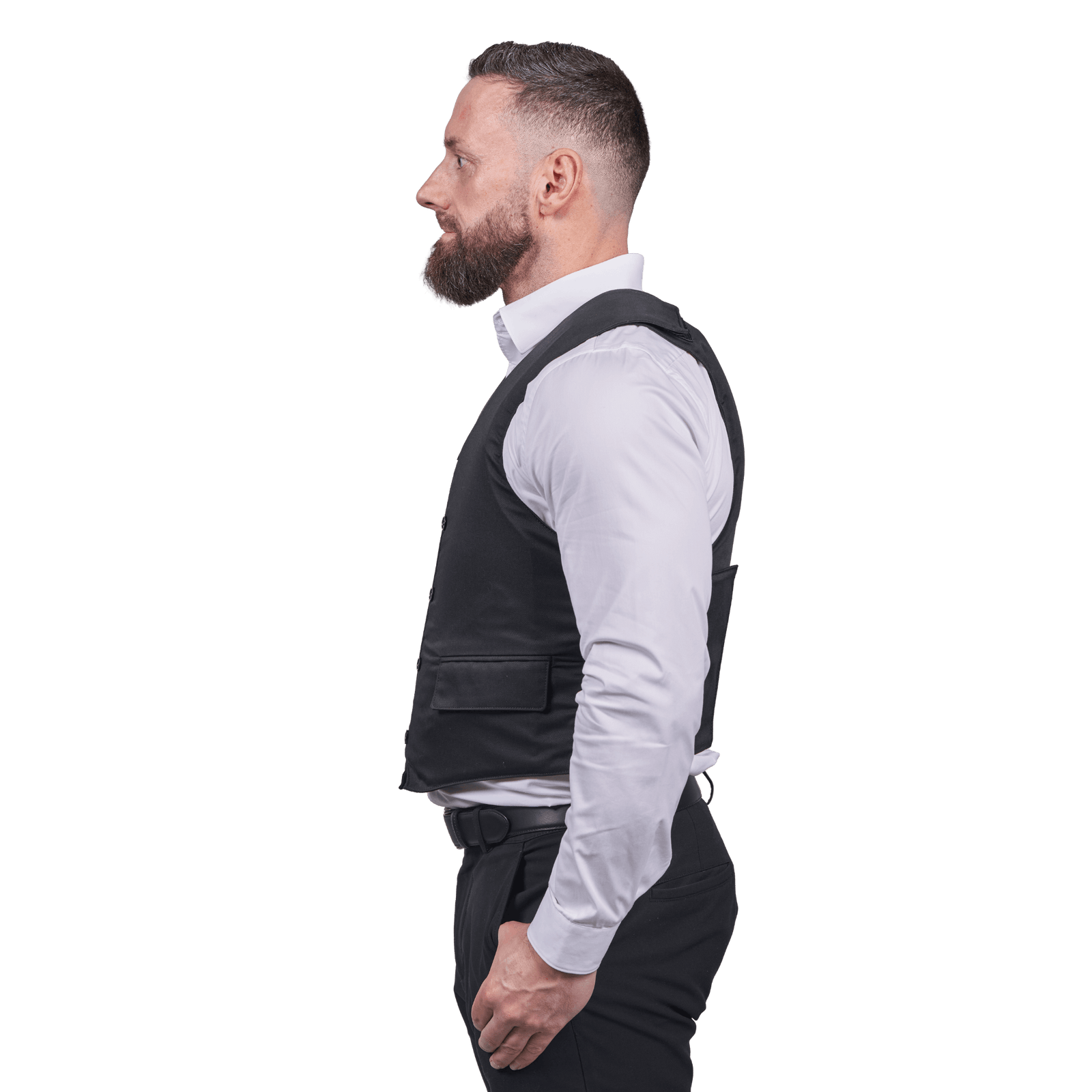 Mand iført Elite Armor VIP Stik & Skudsikker vest set i profil fra siden
